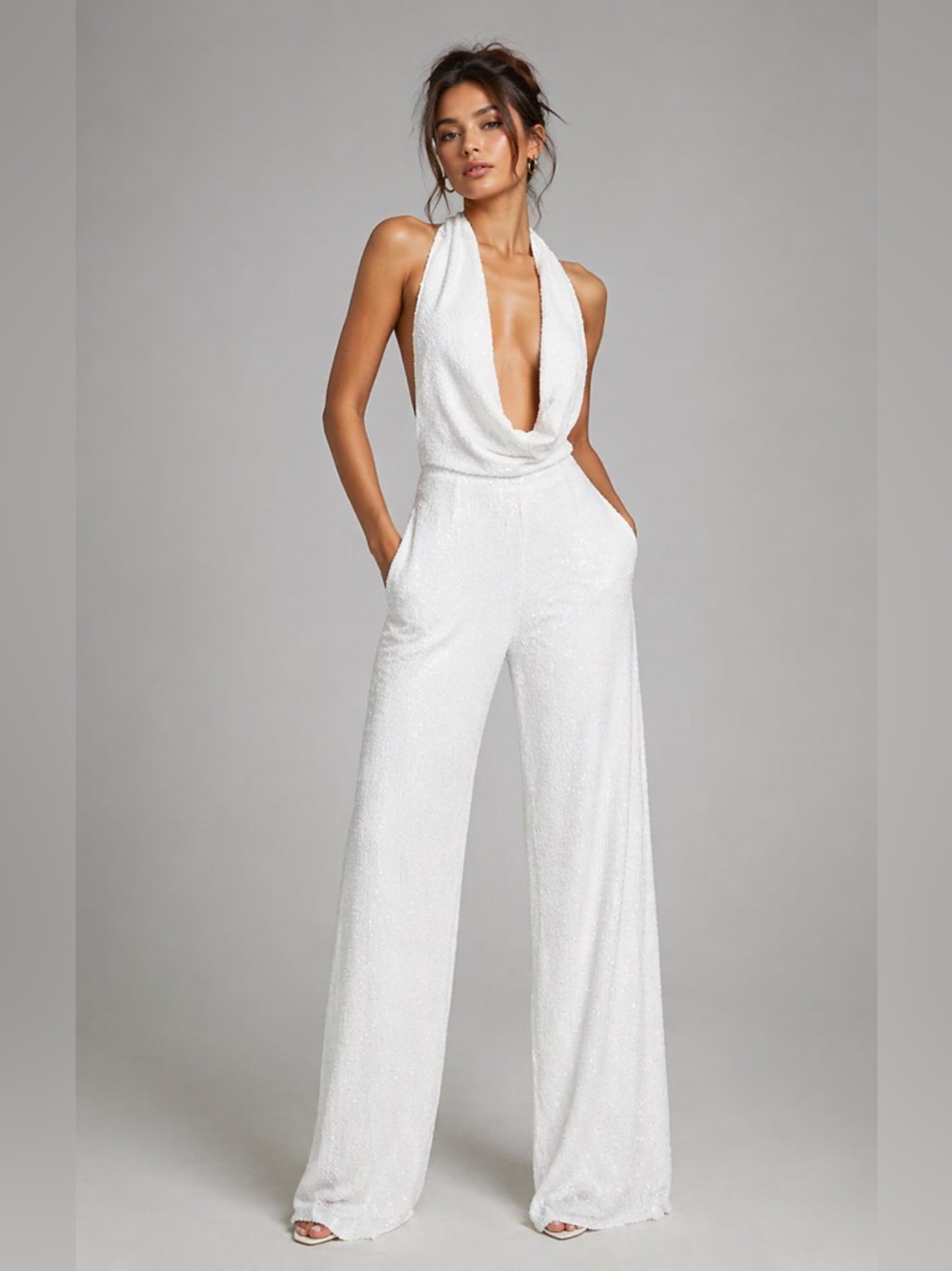 SHOWPO White Sequin Sleeveless Julien Backless Wide Leg Cowl Neck Jumpsuit 2